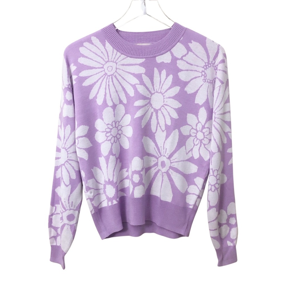 LOFT | Purple Floral Daisy Crew Neck Long Sleeve Sweater Small